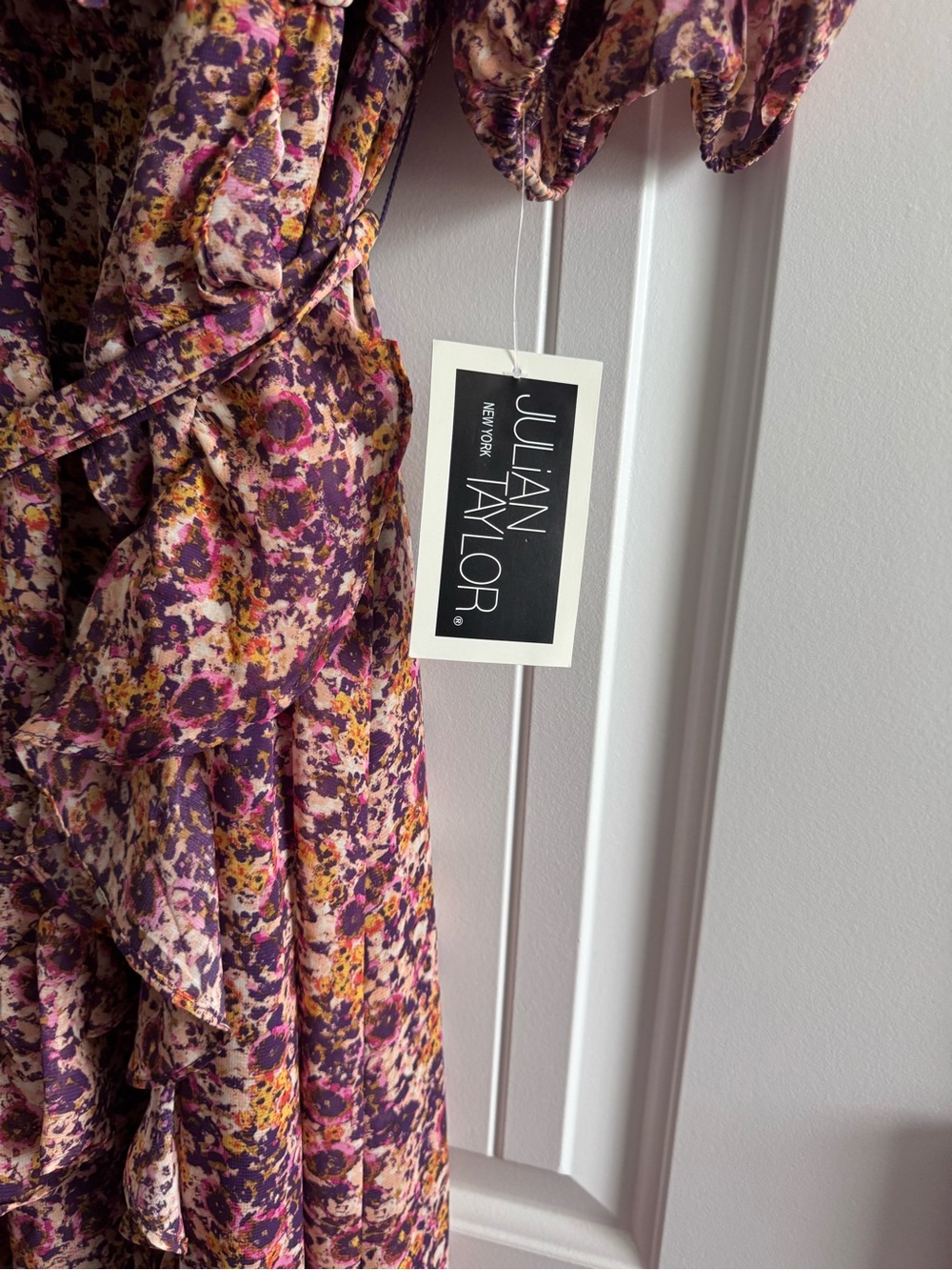 Julian Taylor Purple Floral Wrap Midi Dress with Ruffle Trim - Picture 6 of 7